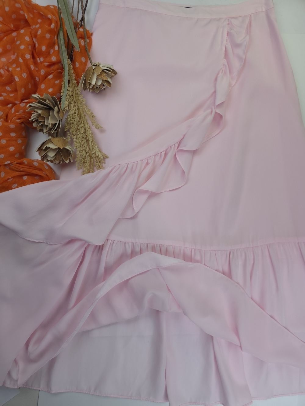 New Kaari Blue Soft Pink Ruffle Wrap Skirt Sz 12 P - Picture 3 of 7
